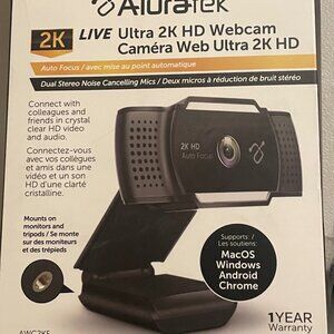 Aluratek Webcam 2K HD AWC2KF Auto Focus USB Dual Mics Windows Mac Android Chrome